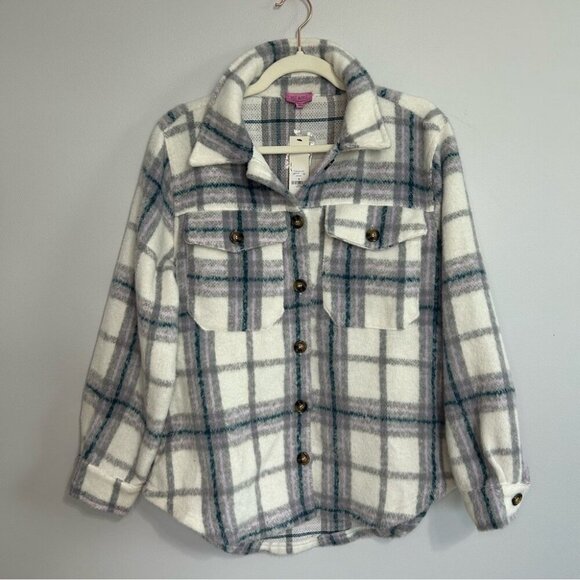 NWT Francesca's Hailey Front Pocket Plaid Shacket White Gray Purple Size Medium - Picture 2 of 7